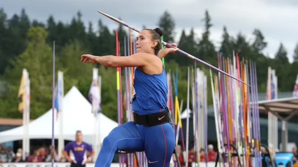 Marija Vučenović throwing javelin at athletics competition