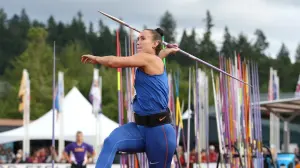 Marija Vučenović throwing javelin at athletics competition