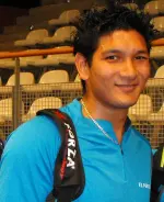 Dave Khodabux playing badminton during a European match